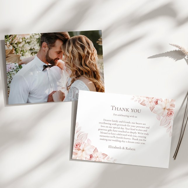 White and Blush Pink Roses Couple Photo Wedding Thank You Card (White and Blush Pink Roses Couple Photo Wedding Thank You Card on a sunny white table.)