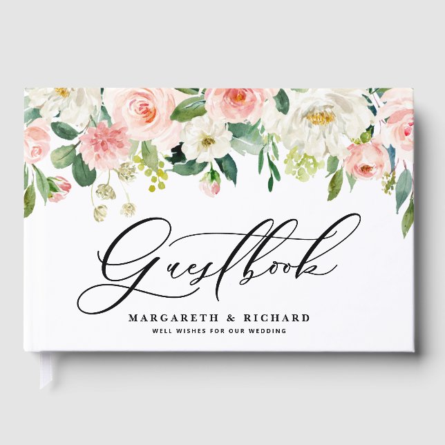 White and Blush Spring Flowers Photo Wedding Guest Book (Front)
