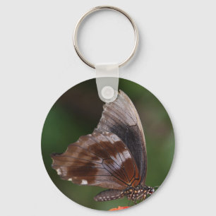 White and Brown Butterfly on Red Flower Key Ring