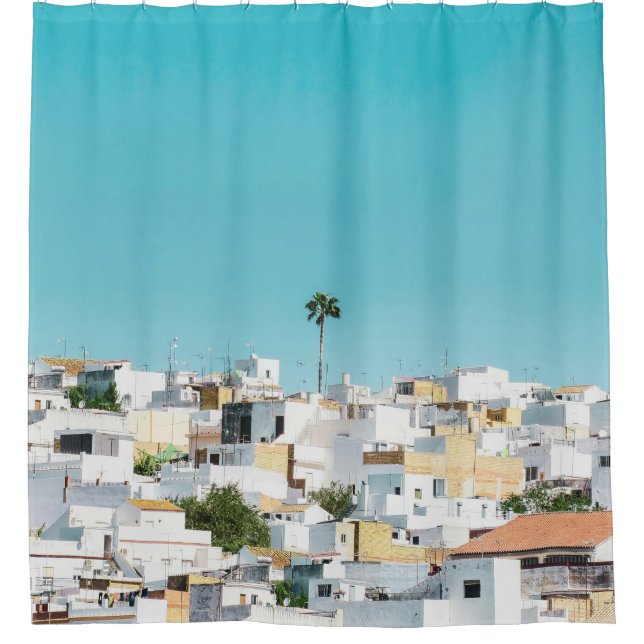 White and brown concrete houses under blue sky in  shower curtain (Front)