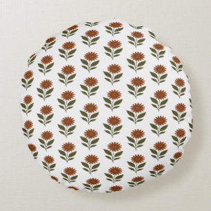 White and Brown Floral Boho  Round Cushion