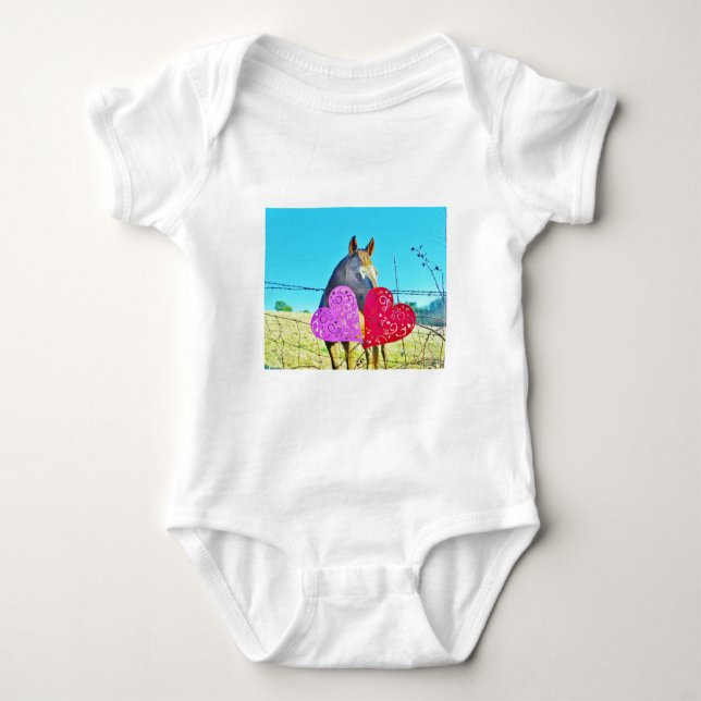 White and Brown horse Valentine Hearts Baby Bodysuit (Front)