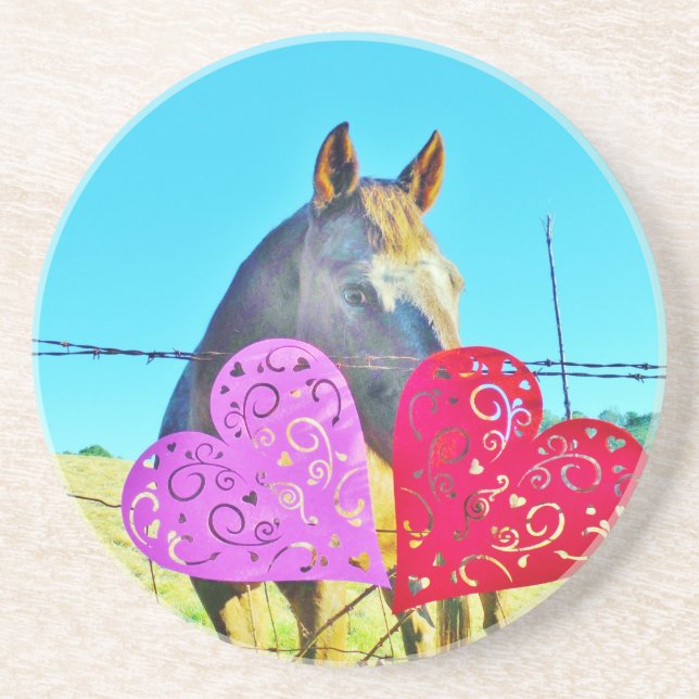 White and Brown horse Valentine Hearts Coaster (Front)