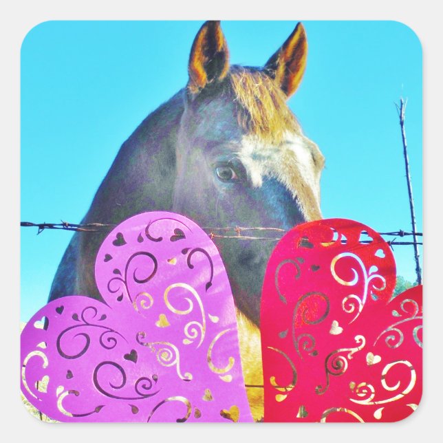White and Brown horse Valentine Hearts Square Sticker (Front)