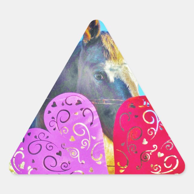 White and Brown horse Valentine Hearts Triangle Sticker (Front)