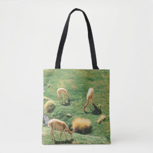 WHITE AND BROWN HORSES ON GREEN GRASS FIELD TOTE BAG