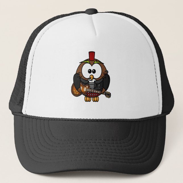 White and brown owl playing a guitar with red hat (Front)