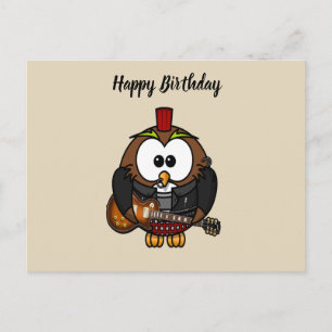 White and brown owl playing a guitar with red hat postcard