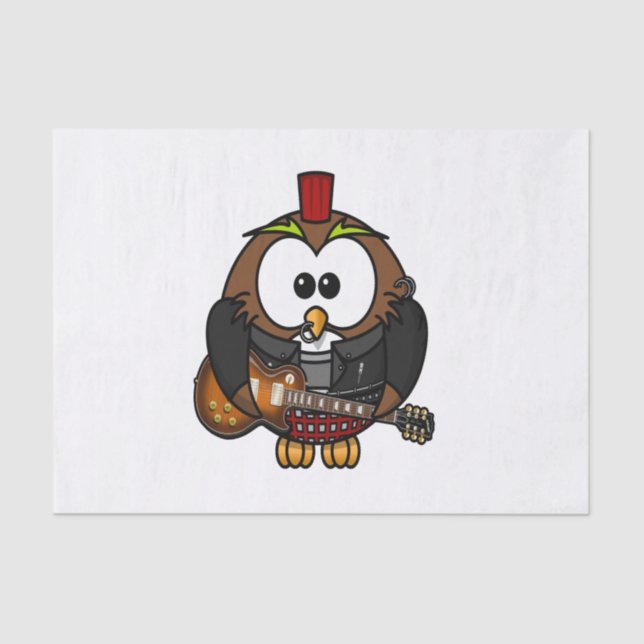 White and brown owl playing a guitar with red hat tissue paper (Front)