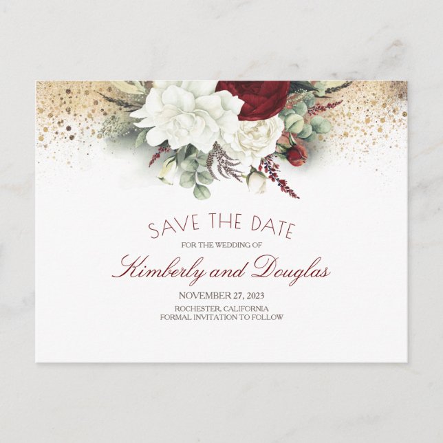 White and Burgundy Red Floral Save the Date Announcement Postcard (Front)