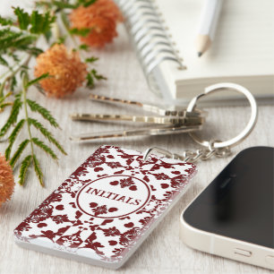 White and Burgundy Royal Damask Key Ring