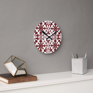 White and Burgundy Royal Damask Round Clock
