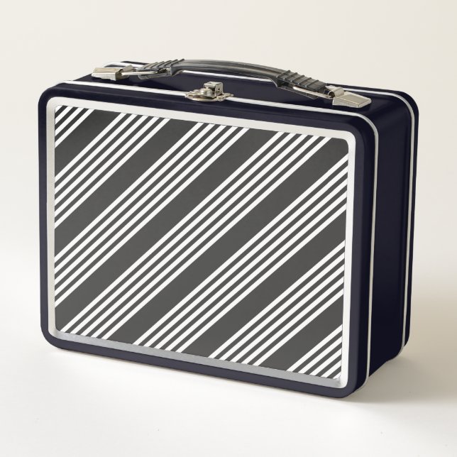 White and charcoal five stripes pattern metal lunch box (Front)