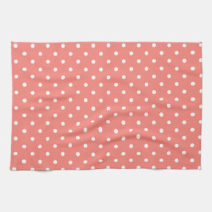 White and Coral Pink Polka Dot Pattern Tea Towel
