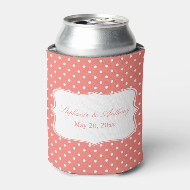 White and Coral Pink Polka Dot Wedding Can Cooler (Can Front)