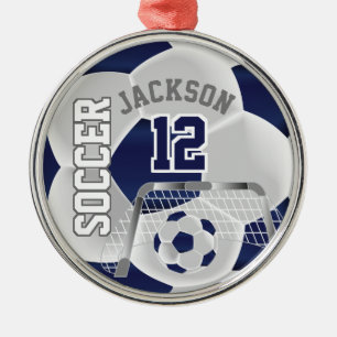 White and Dark Blue Personalise Soccer ⚽ Ball Metal Tree Decoration