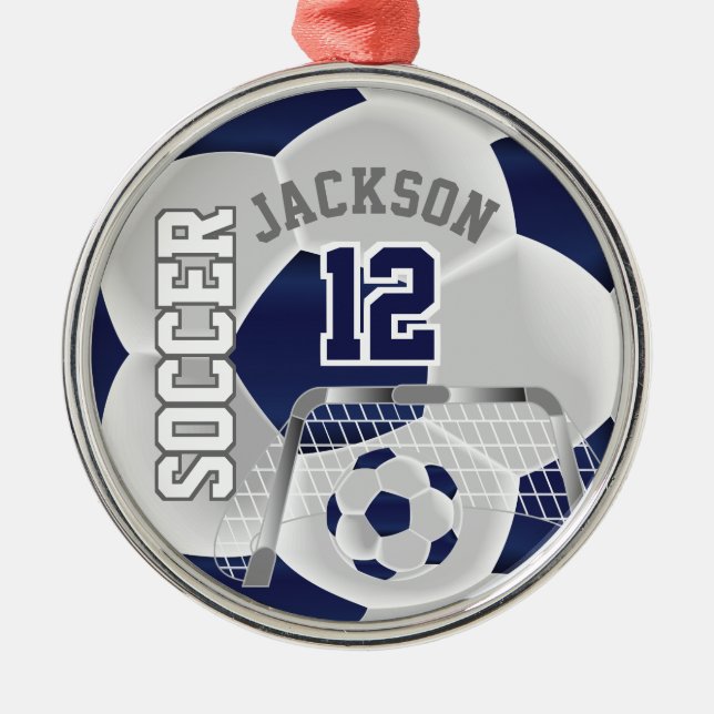 White and Dark Blue Personalise Soccer  ⚽ Ball Metal Tree Decoration (Front)
