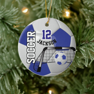 White and Dark Blue Personalize Soccer Ball Ceramic Ornament