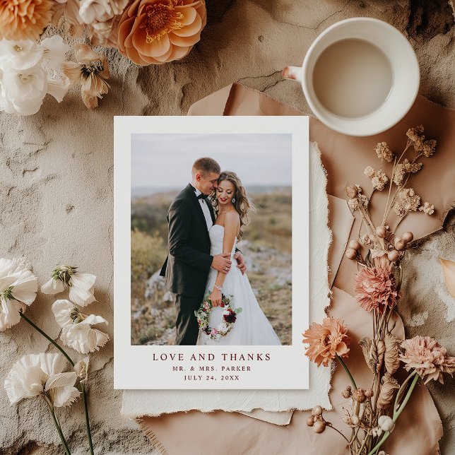White and Dark Red Elegant Text and Photo Wedding Thank You Card (Creator Uploaded)