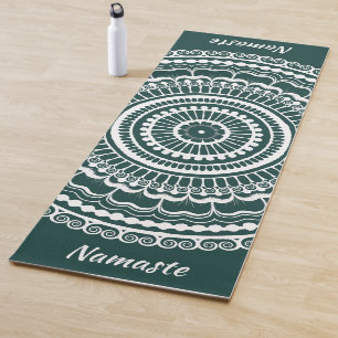 White and Dark Teal Mehndi Henna Mandala Yoga Mat