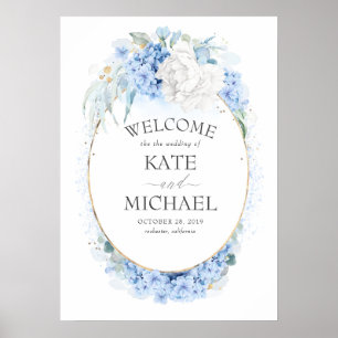White and Dusty Blue Floral Wedding Welcome Poster