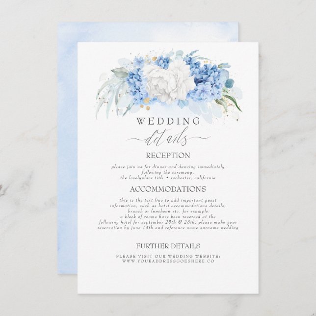 White and Dusty Blue Flowers Wedding Information Enclosure Card (Front/Back)