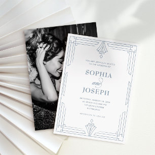 White and Dusty Blue Timeless Photo Wedding Invitation