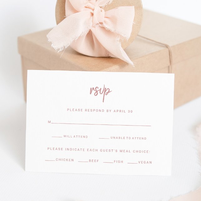 White and Dusty Rose Script | Wedding Meal Choice RSVP Card (A modern white and dusty pink wedding rsvp card)