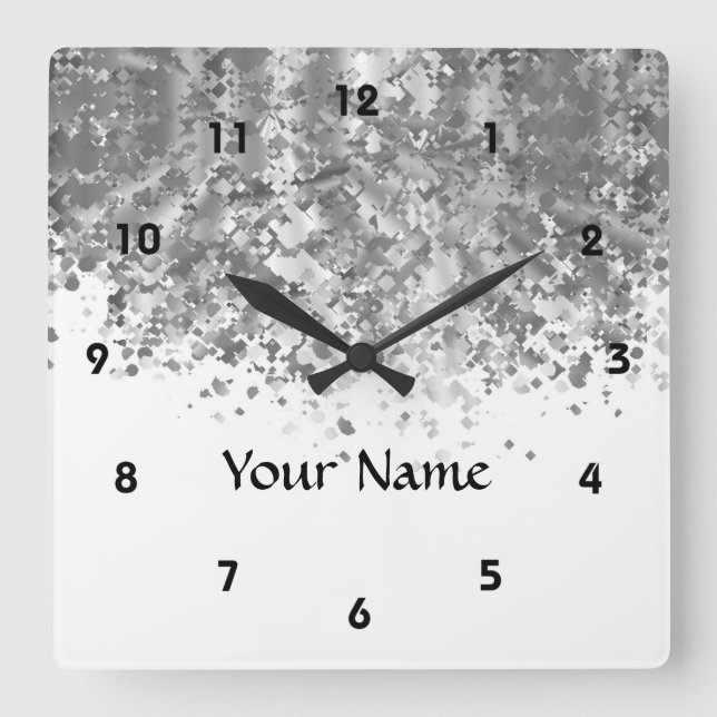 White and faux glitter personalised square wall clock (Front)