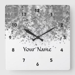 White and faux glitter personalised square wall clock