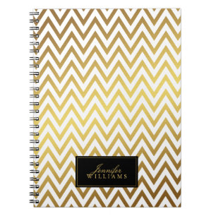 White and Faux Gold Chevron Stripes Personalised Notebook