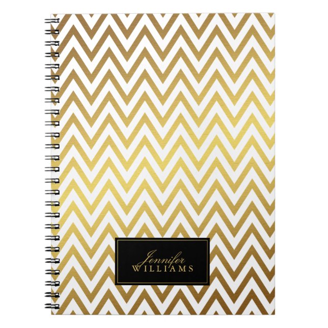 White and Faux Gold Chevron Stripes Personalised Notebook (Front)