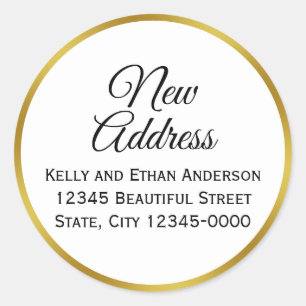 White and Faux Gold New Address Classic Round Sticker