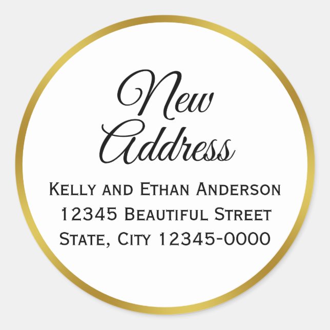 White and Faux Gold New Address Classic Round Sticker (Front)