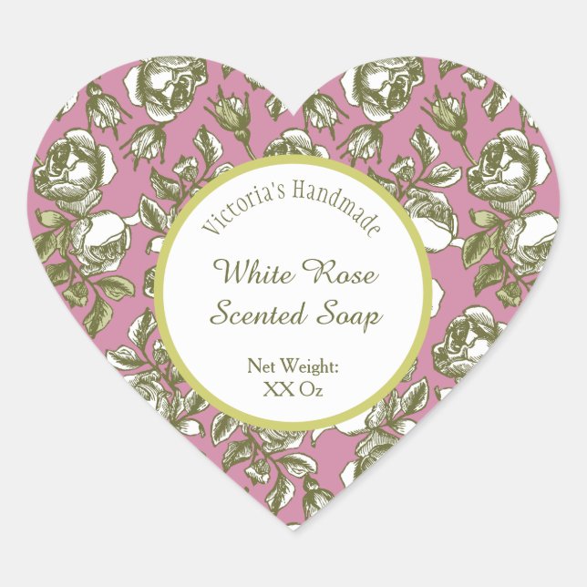 White and Faux Gold Rose on Pink Editable Soap Heart Sticker (Front)