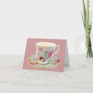 White and Floral Tea Cup and Saucer Note Card