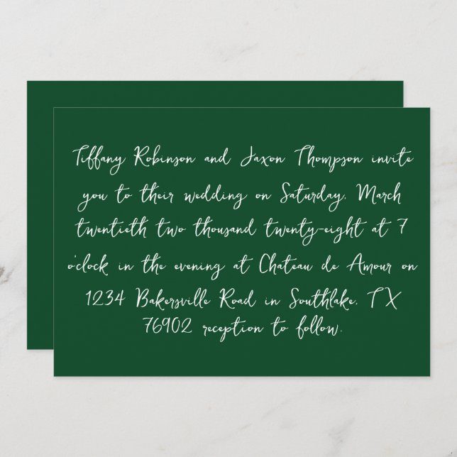 \White and Forest Green Handwritten Style Wedding Invitation (Front/Back)