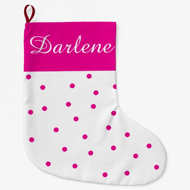 White and Fuchsia Polka Dot: Large Christmas Stocking (Front)