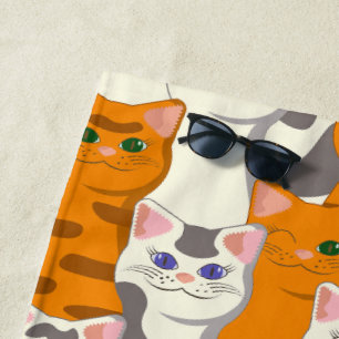 White and ginger cats pattern green eyes blue eyes beach towel