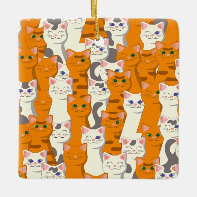 White and ginger cats pattern green eyes blue eyes ceramic ornament (Front)