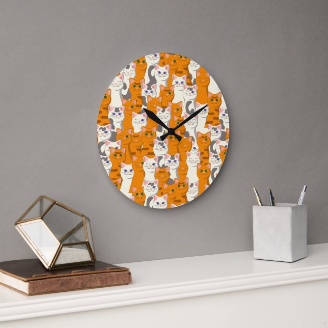 White and ginger cats pattern green eyes blue eyes large clock (Office)