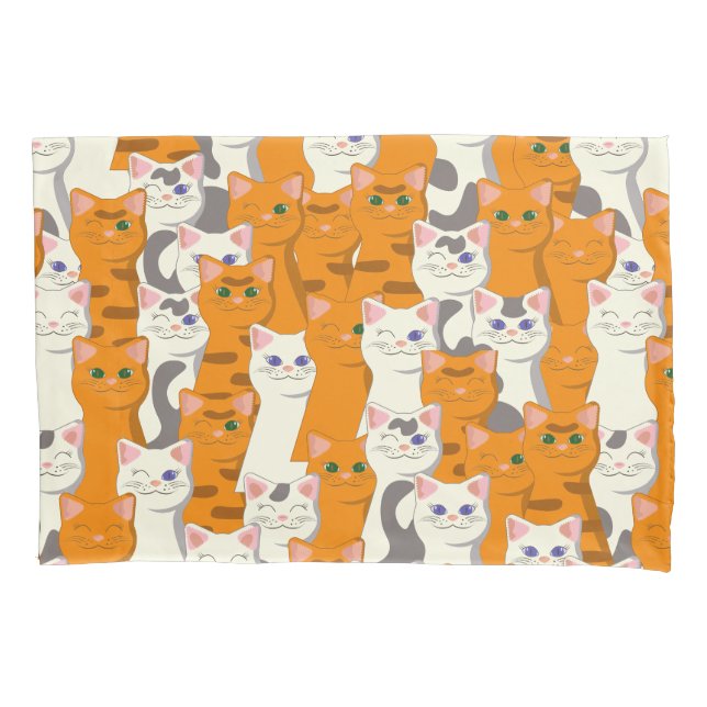 White and ginger cats pattern green eyes blue eyes pillowcase (Front)