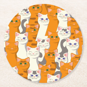 White and ginger cats pattern green eyes blue eyes round paper coaster