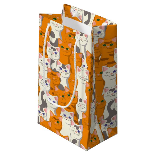White and ginger cats pattern green eyes blue eyes small gift bag (Front Angled)