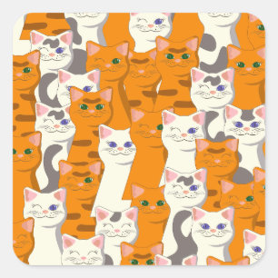 White and ginger cats pattern green eyes blue eyes square sticker