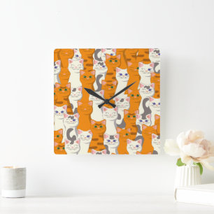 White and ginger cats pattern green eyes blue eyes square wall clock