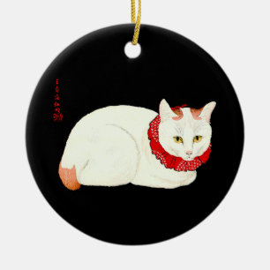 White and Ginger Japanese Cat Ceramic Ornament