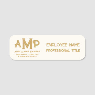 White and Gold 3 Letter Monogram Business Employee Name Tag
