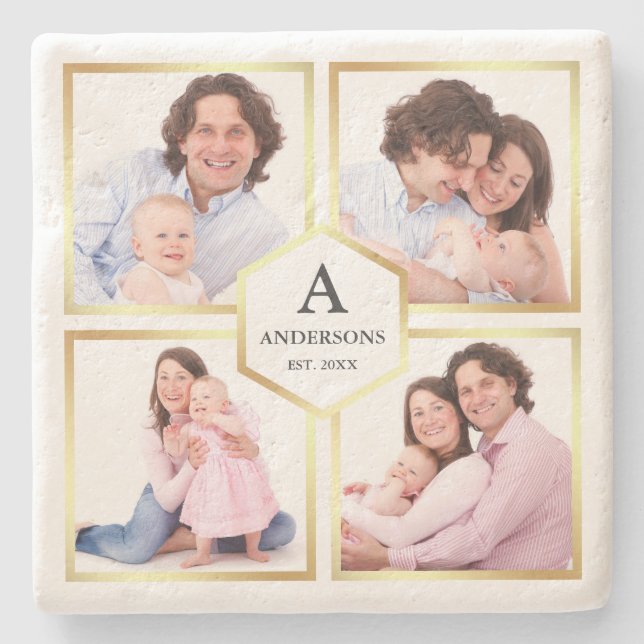White and Gold 4 Pictures Family Photo Collage Stone Coaster (Front)
