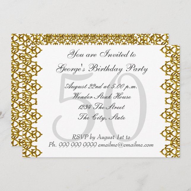 White and Gold 50th Birthday Party White Invitation (Front/Back)